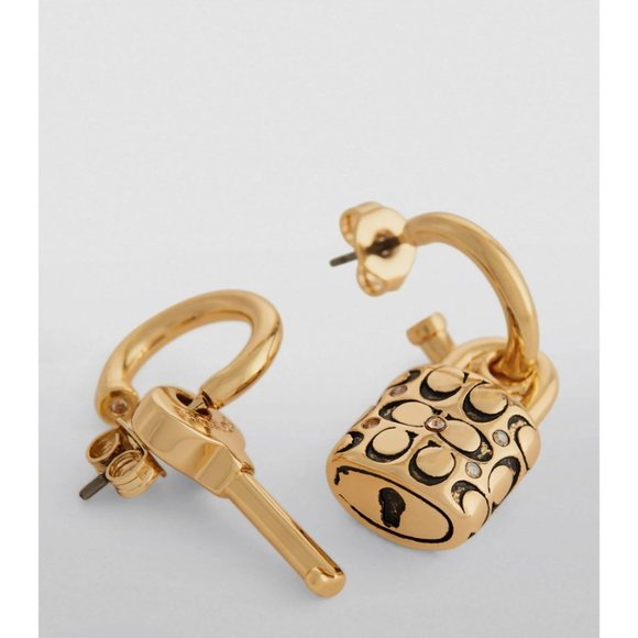 COACH Earrings Quilted Padlock Key Mismatch Earrings Gold Signature Logo - Picture 2 of 12